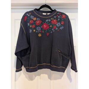 Together! Vintage 90s Floral Sweatshirt XL Navy Zip Pocket Retro